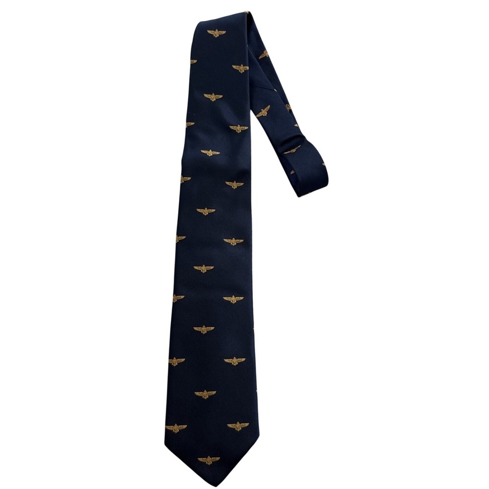 Vintage Wm Chelsea Necktie Mens OS Navy Blue Gold Wings Silk Aviator Crest NIB